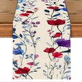 Elegant Watercolor Floral Table Runner – 13x72 Inch Linen-Look Fabric with Red, Blue & Purple Blooms on Beige Background, Perfect for Dining Room, Kitchen & Home Decor