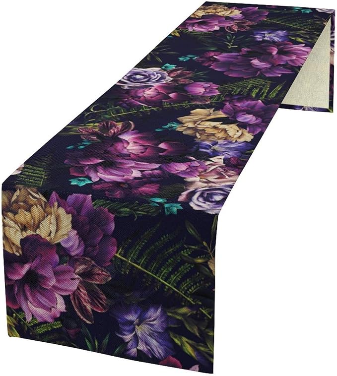 Gothic Flower Table Runner, Watercolor Vintage Dark Purple Floral Romantic Flower Blooming Table Runner for Home Kitchen Dining Table Decor, 13x120inch