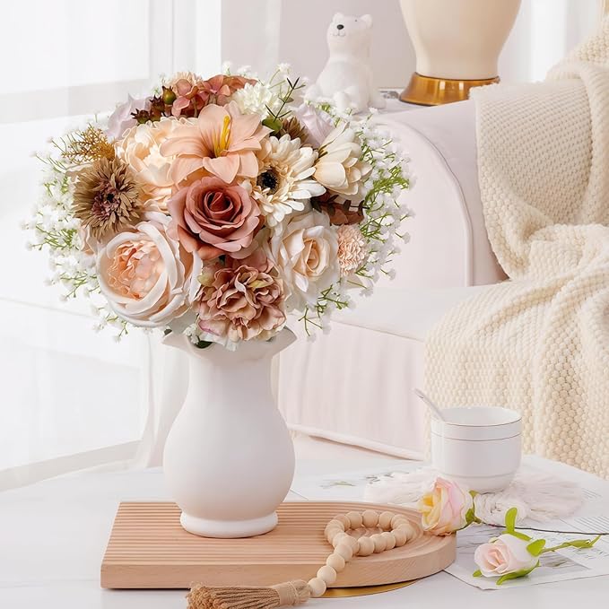 ASTRYAS Roses Artificial Flowers Nude Combo Set, Fall Fake Peonies Flower for DIY Wedding Bouquet Bridal Baby Shower Decorations Party Table Centerpieces Cake Silk Floral Arrangement Home Decor, Beige