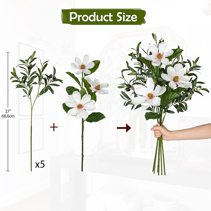 Briful Faux Greenery Stems 27in Artificial Olive Branches with Magnolia Flowers Spray Mixed Floral Greenery Bouquet for Home Vase Table Centerpiece Wedding Decoration