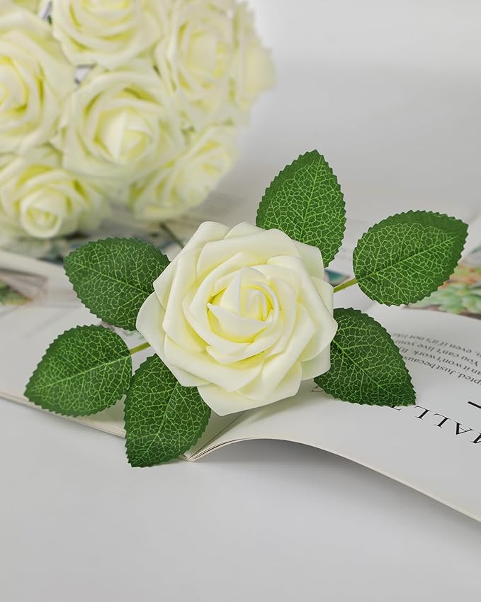 DuHouse 50Pcs Artificial Roses Flowers Fake Roses with Stems Real Touch Foam Flowers for DIY Wedding Bouquet Baby Shower Centerpiece Floral Arrangement Party Home Decor(Cream)
