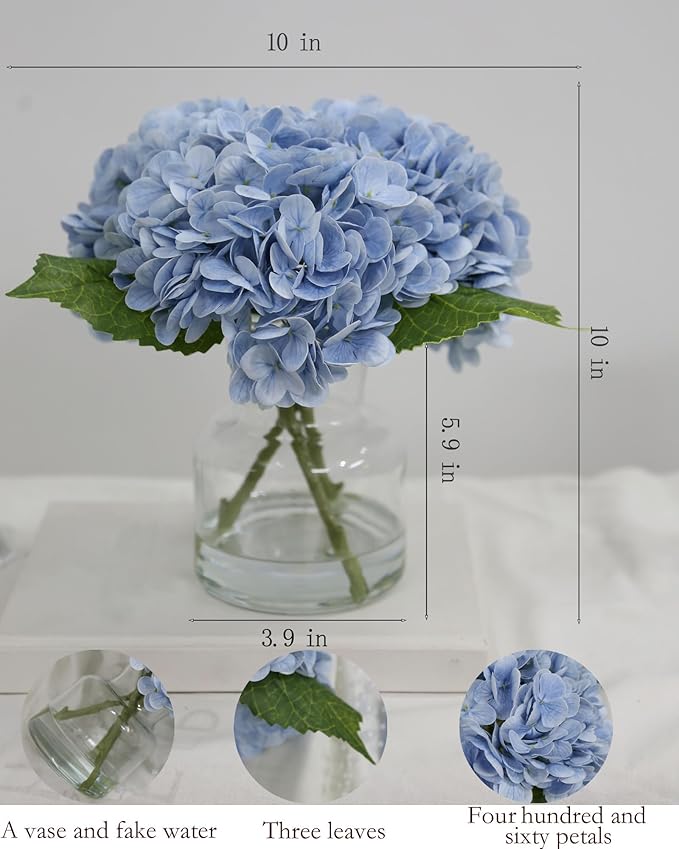 Lifelike Artificial Hydrangea Arrangement in Decorative Vase - Real Touch Fake Flowers for Home, Office, Bathroom or Water Bar Decor, Elegant Table Centerpiece (No Water Needed) (Linght Blue)