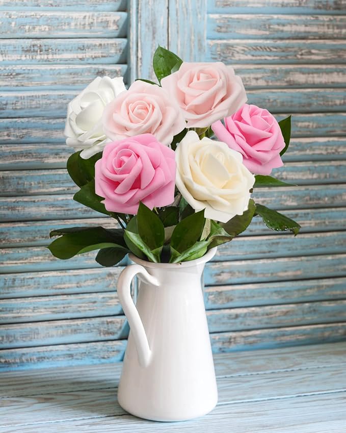 JOYLEX Artificial Flowers Realistic Roses, 100pcs Real Looking Fake Roses with Stem for DIY Wedding Bouquets Centerpieces Bridal Shower Party Home Romantic Decorations (Shades of Pink)