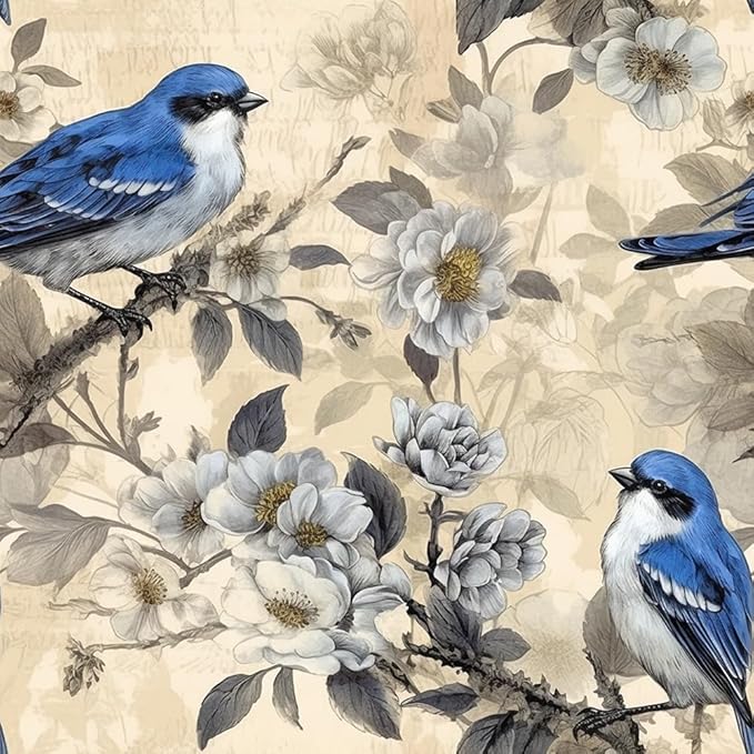 Vintage White Cherry Flowers Blue Birds Peel and Stick Wallpaper Easy Peel Off Contact Paper Stick on Adhesive Wall Paper for Bathroom Waterproof Renter Friendly
