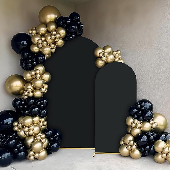 7.2FT, 6FT Arch Backdrop Stand with Cover Set of 2, Gold Metal Balloon Wedding Arch Frame with 8 Ground Stakes Stable for Outdoor Birthday Party Wedding Ceremony Bridal Baby Shower Decoration