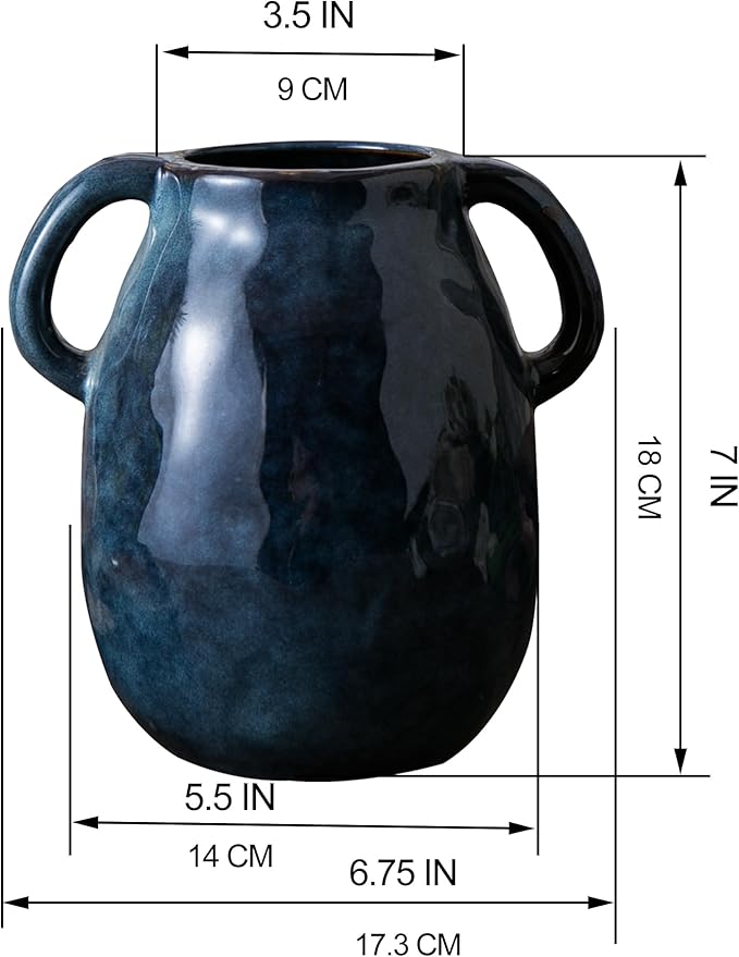 Blue Ceramic Vase with 2 Handles for Modern Farmhouse Home Decor, Vintage Rustic Decorative Vases, Small Vase for Fresh and Dried Flowers, Centerpiece Table Decorations, 7 Inch