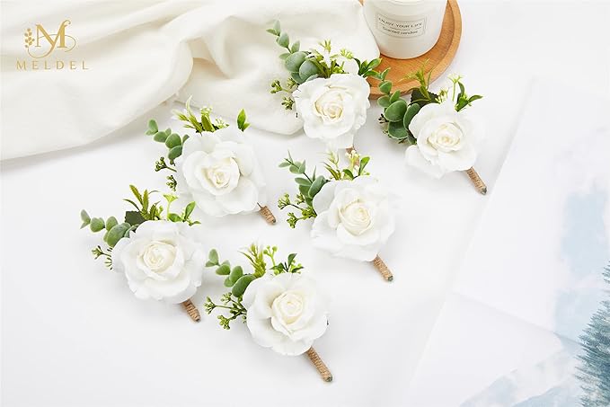 Meldel Ivory Rose Boutonniere for Men,Set of 6,Groom and Best Man Boutonnieres with Artificial Flower,for Wedding Ceremony Anniversary, Formal Dinner Party, Fall Vintage Rustic Marriage Prom