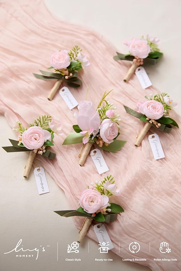 Ling's moment Boutonniere for Men, 6pcs Groom Groomsmen Boutonniere, Artificial Flowers for Wedding Decor/Prom/Homecoming, etc.Blush Pink