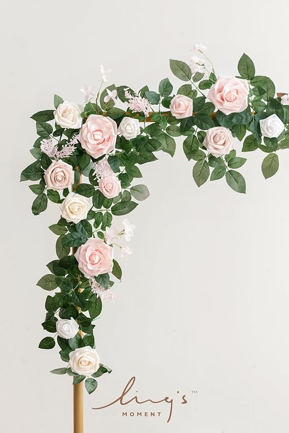 Ling's moment 5FT Blush Artificial Flower Garland Fake Pink Rose Leaves Floral Garland Arch Flowers Vine for Wedding Party Backdrop Decor Mantel Home Table Centerpieces Wall Decorations