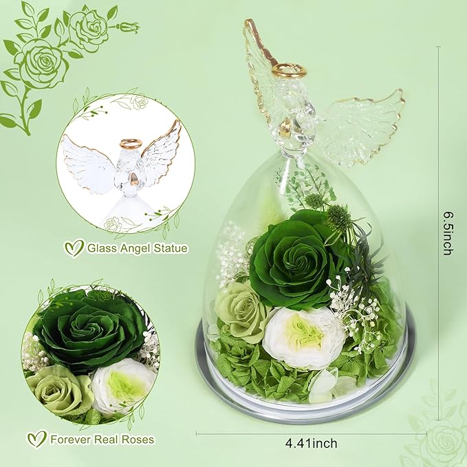 FIACO Gifts for Women Mom Preserved Rose Forever Flower in Glass Angel Figurine Fresh Flowers for Delivery Prime Birthday Gifts for Grandma Wife Sister Christmas Anniversary Eternal Roses