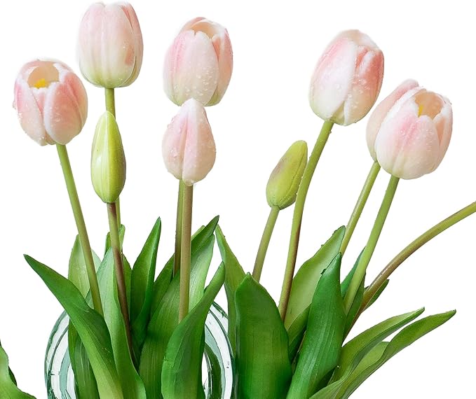 15pcs Artificial Tulips Flowers, Real Touch Latex Bouquet, Fake Tulips for Office Wedding Party Home Kitchen Garden Decoration-B Powder Pink