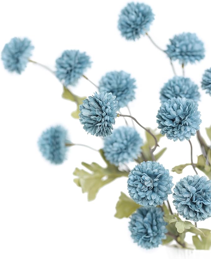 DuHouse 6pcs Artificial Flowers Faux Silk Pompon Mum,Silk Small Mini Chrysanthemum Ball with Stems for DIY Bouquets Centerpieces Vase Home Table Kitchen Decorations(Dusty Blue)