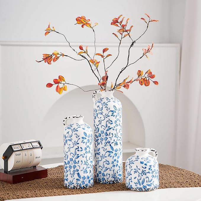 Ceramic Vase Set of 3, Vintage Blue and White Vase, Chinoiserie Floral Vases, Rustic Farmhouse Ceramic Vases for Home Decor, Blue Vase for Living Room, Kitchen Island, Bookshelf, Chinoiserie Decors