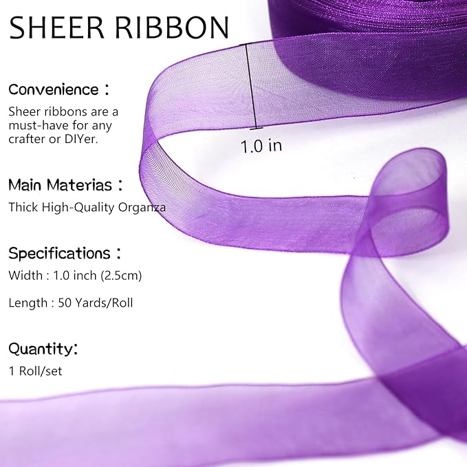 Purple Ribbon for Gift Wrapping, 1 inch 50Yard Sheer Organza Tulle Ribbon, Dark Purple Gifts Wrap Chiffon Ribbons for Crafts, Flower Bouquet, Wedding, Valentines Day, Mothers Day, Christmas