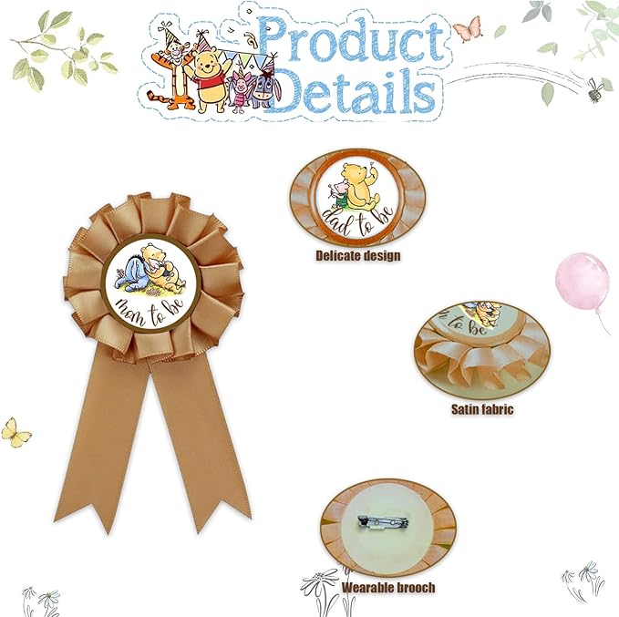 Winnie Baby Shower Sash Mom to Be Sash and Dad to Be Pin Flower Crown for Gender Reveals Party Baby Shower Party Favors Decorations for Boys and Girls Pregnancy Props Gift, Standard, Brown