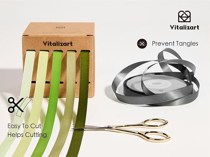 Vitalizart Green Ribbons for Crafts 3/8" x 50 Yd Satin Ribbon Double Face Gift Wrapping Silk Like Fabric Flower Bouquet Birthday Party Decorations Bridal Shower Wreath Hair Continuous Dark Sage Green