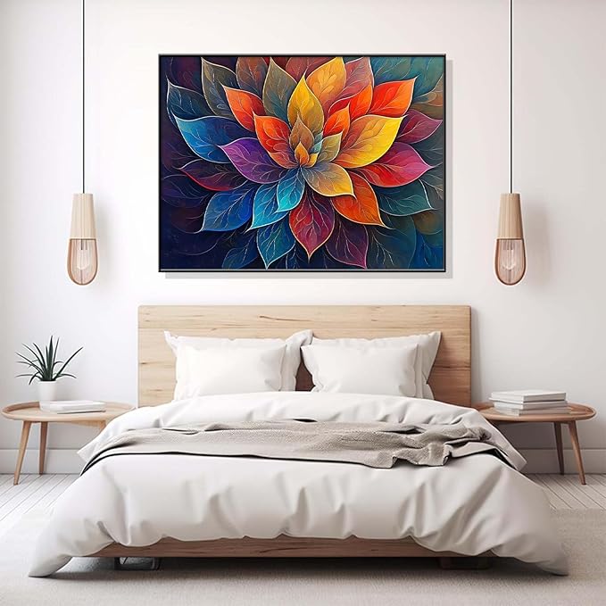 Colorful Flower Canvas Wall Art, Abstract Floral Canvas Prints, Lotus Blossom Pictures Wall Decor, Zen Painting, Yoga Studio Wall Decor (Gold Framed, 27"Wx19"H/70x50cm)