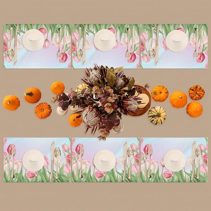 PVC Placemats Set of 4 Flower Tulip Pink Wipeable Table Mats Washable Heat Resistant Non Slip Vinyl Dining Table Mat for Kithen Indoor Outdoor Patio Farmhouse Place Mats Decorative