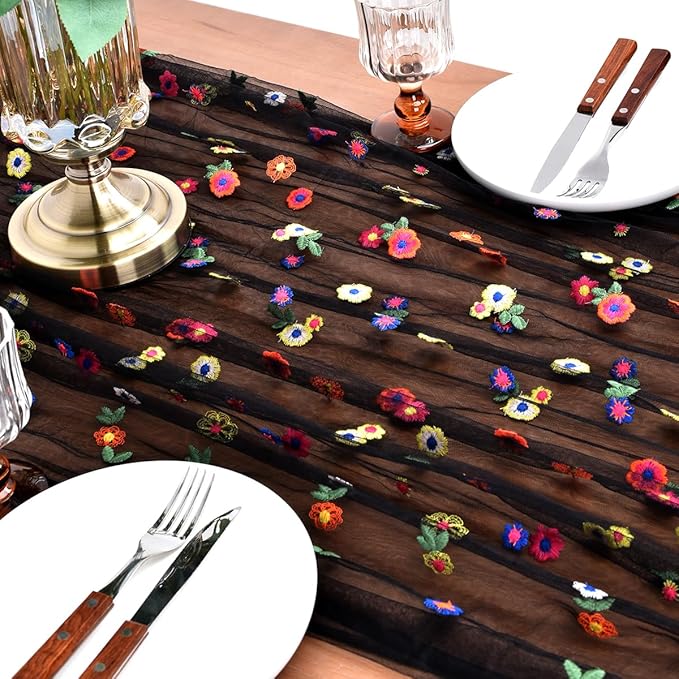 Joanlody 3pcs Black Embroidery Daisy Christmas Table Runner 10ft Florals Seasonal Tulle Table Runner Holiday Kitchen Dining Table Decoration for Home Party Indoor