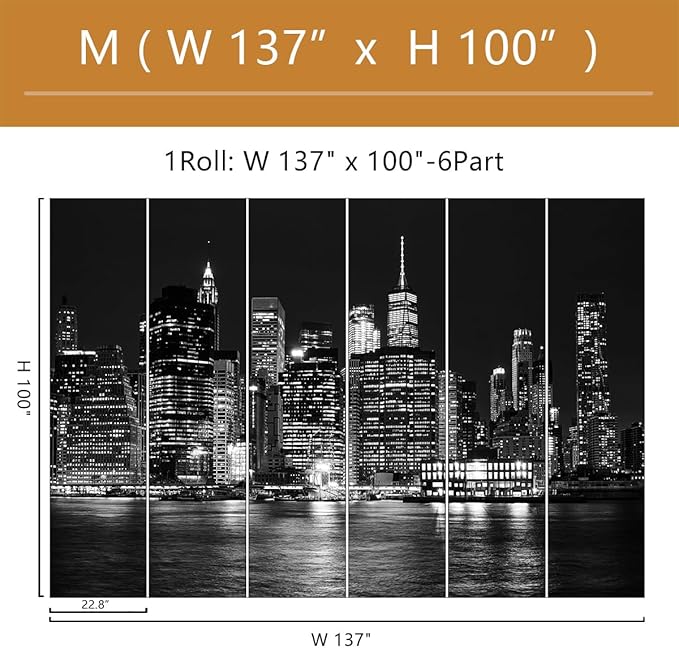 Black City Wallpaper Peel and Stick New York Night Scene Self Adhesive Wall Mural for Living Room Bedroom 137"x100"
