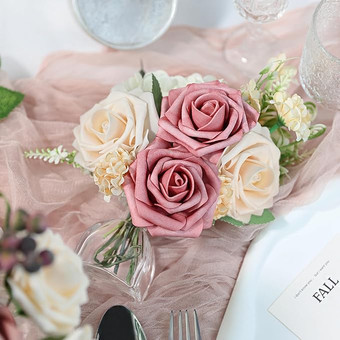 Meldel Artificial Flower 25pcs Real Touch Champagne Rose Fake Foam Roses with Stems for DIY Wedding Bouquets Gifts Bridal Shower Faux Floral Centerpieces Arrangements Home Party Tables Decorations