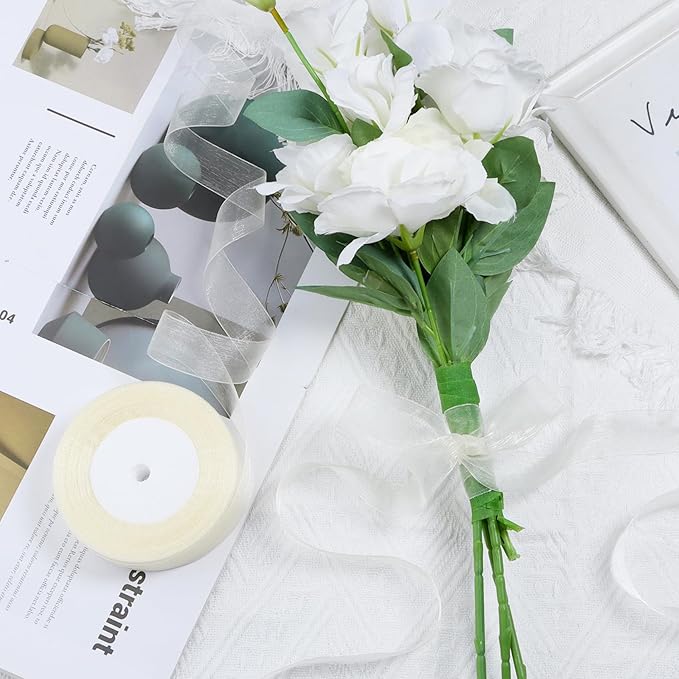 Ivory Ribbon for Gift Wrapping 1 inch Sheer Organza Ribbon for Flower Bouquet Tulle Thin Chiffon Ribbons for Wedding Invitations Presents Decorations Crafts 50 Yards