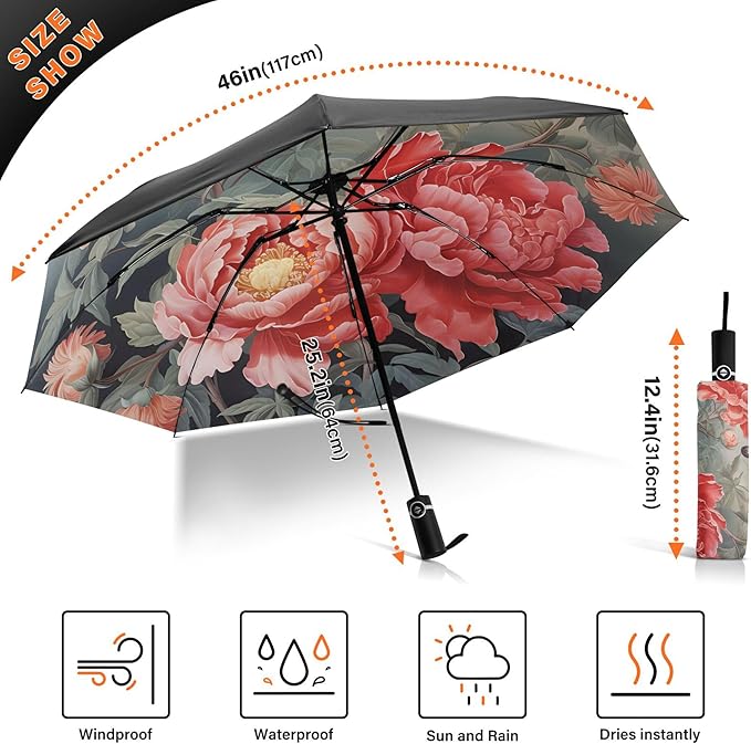 Automatic Folding Umbrella Windproof Strong, UV Protection Compact Floral Hydrangea Hummingbird Sun Rain Sun Rain Travel Umbrellas for Women Men