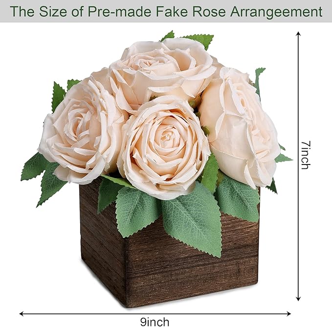 Dining Table Centerpiece Set of 6 - Pre-Made Aritifial Rose with Wooden Vase Fake Floral Arrangment Faux Flower for Wedding Bridal Tea Party Event Decorations - Champagne