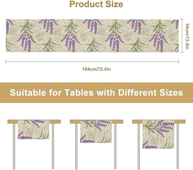 Floral Lavender Table Runner,Vintage Rustic Country Romantic Purple Flower Pattern Print Burlap for Hotel Indoors Outdoor Dining Room Kitchen Home Decor, 13x90in