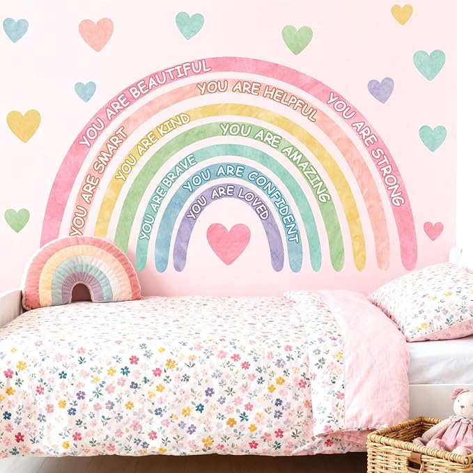 Large Rainbow Wall Stickers Kids Inspirational Wall Decal for Girl Bedroom Peel and Stick Watercolor Rainbow Wall Decals Pastel Pink You are Decor Vinyl Positive Art Murals for Baby Bedroom Playroom