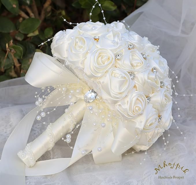 Bridal Wedding Bouquet Round Bling Brooch Bouquet Throw Toss Artificial Rose Flower Bunch for Bride Bridesmaid Wedding Quinceanera(Ivory, 9.8")