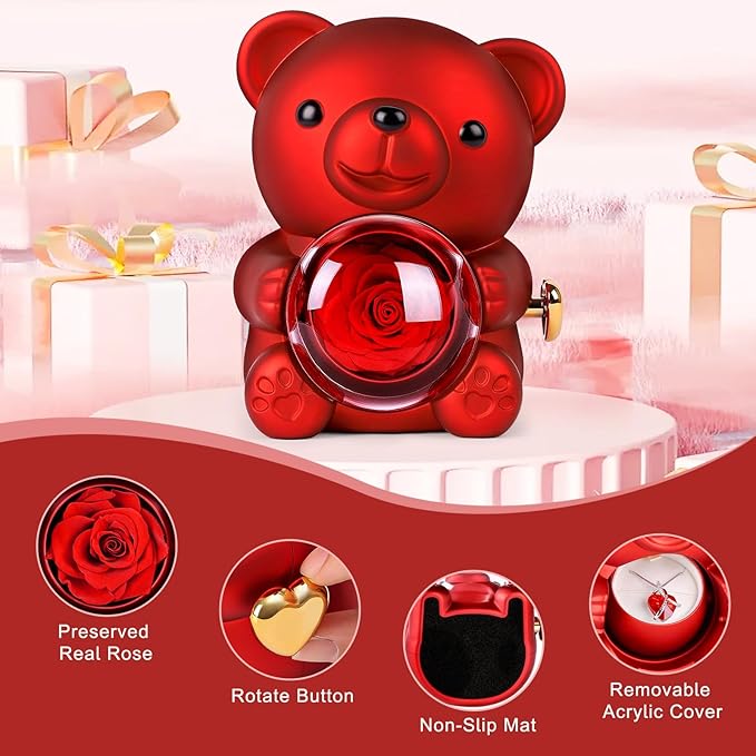 Suturun Cute Teddy Bear with Preserved Rose,Eternal Flowers Rotating Rose Box with Necklace Romantic Gift for Her in Valentine's Day, Mother's Day,Weddings,Anniversaries,and Bridal Showers