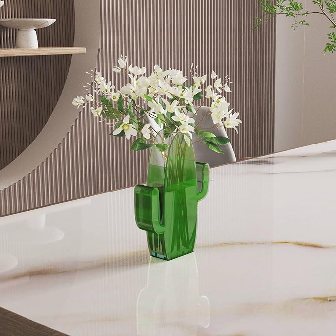 Flower Vase Cactus Shape Acrylic Vase Home Decor Gifts, Home Modern Decorative Flower Vase for Living Room, Dining Table, Entryway, Shelf, Wedding, Office (Green)