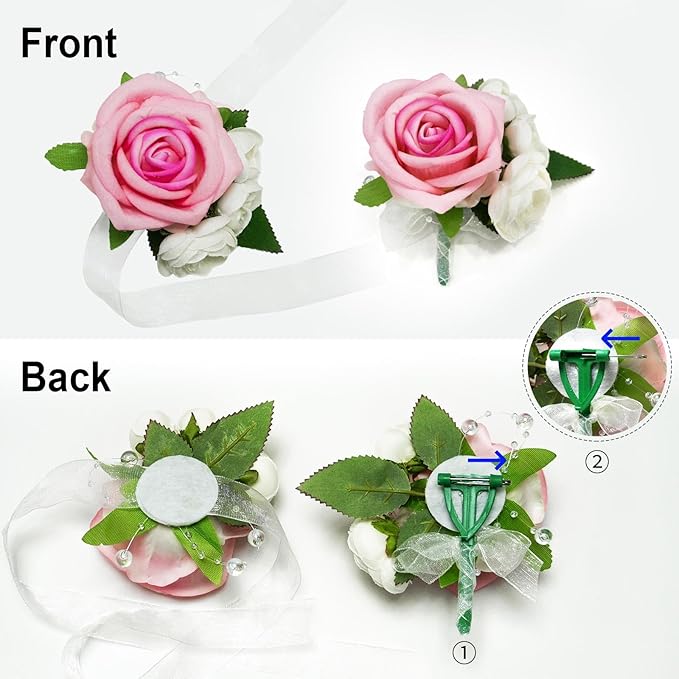 Wrist Corsage and Boutonniere Set, Artificial Rose Corsage Wristlet and Boutonniere for Wedding Prom Party (Pink, 4pcs)