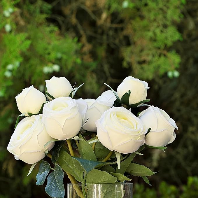 ENOVA FLORAL 9 Heads Silk Rose Artificial Flowers in Vase,Faux Rose Flowers Arrangement in Vase with Faux Water for Table Decor Centerpieces (Cream)