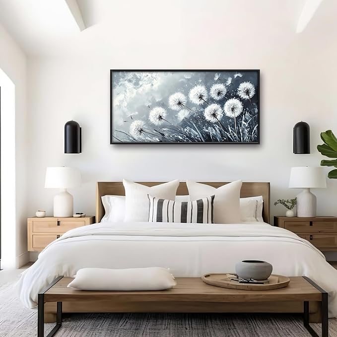 Rustic Dandelion Large Wall Art Framed Wall Decor for Living Room Farmhouse Floral Pictures Oversized Canvas Print Painting Modern Extra Large Framed Artwork for Bedroom Office 60"x30"