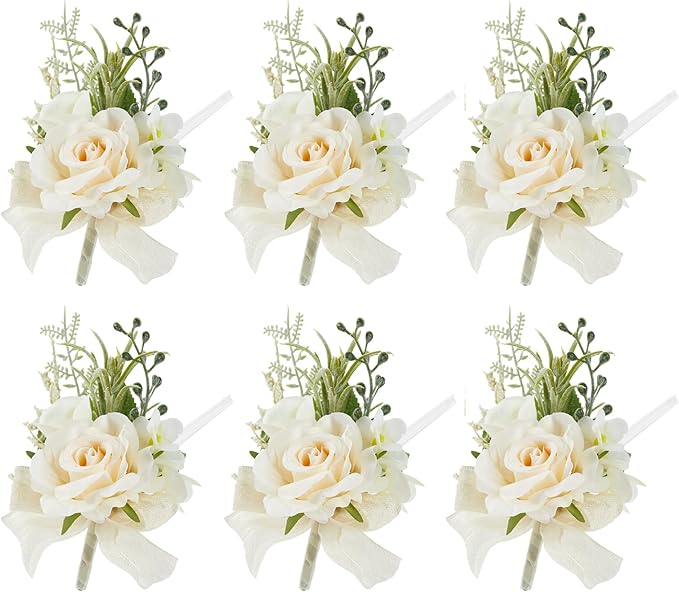 Meldel Champagne Boutonniere for Men - Set of 6, Rose Groomsmen Boutonniere for Wedding, Prom, Homecoming, Party, Vintage Occasions