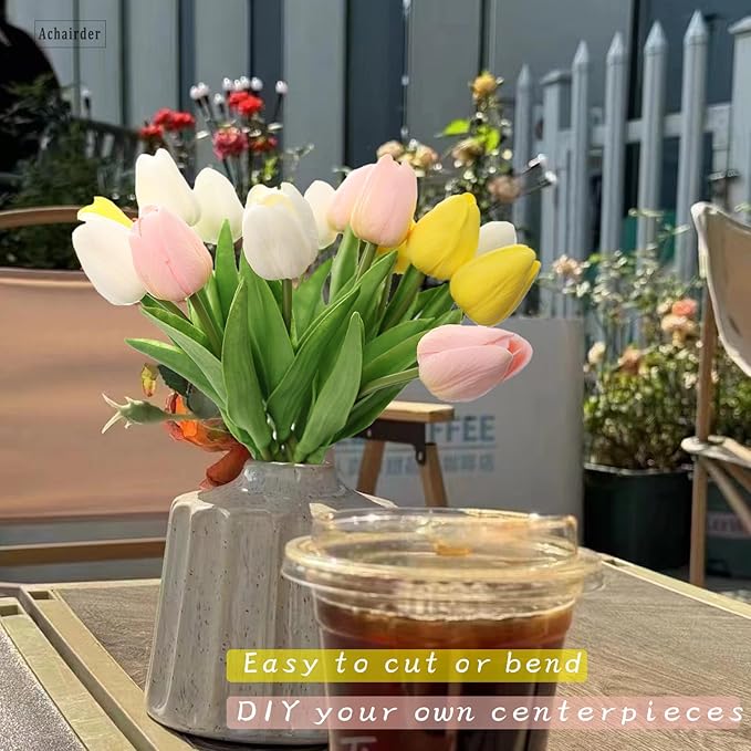 30pcs Tulips Artificial Flowers, Artificial Latex Real Touch Tulips Flowers Bouquet for Mother's Day Easter Wedding Party Home Decor-Mix 3 Color