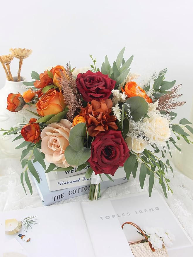 Rinlong 16 Inch Wedding Bouquets for Bride Fall Burgundy & Terracotta Roses, Dahlias, Peonies, Greenery Bouquet for Wedding, one, Boho