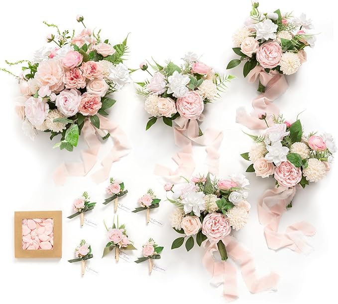 Ling's moment Wedding Artificial Flowers Package, Bridal Bouquet, Bridesmaid Bouquets, Boutonniere for Men, Rose Petals.Blush Pink