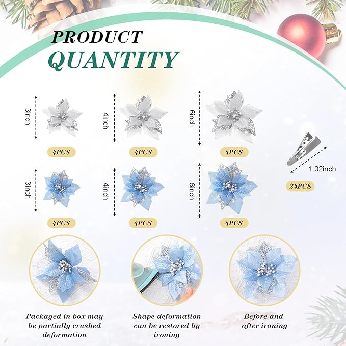 Boao 24 Pieces Christmas Artificial Glitter Poinsettia Flowers Xmas Flowers Wedding Christmas Tree New Year Ornaments (Sky Blue and Silver)