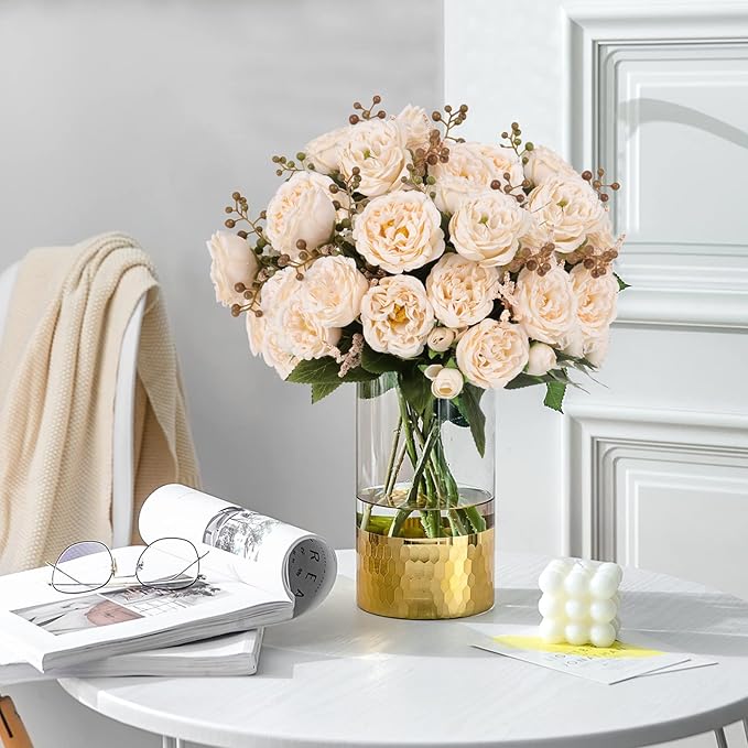 Artificial Peonies Silk Flowers, Beige Faux Peony Bouquet 4 Bundles Florals Arrangements Decor for Farmhouse Home Boho Wedding Table Centerpiece, Fake Plastic Flowers Bulk for Vase Decoration (Beige)
