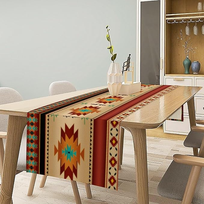 Aztec Southwest Table Runner, Ethnic Style Geometric Triditional Kitchen Table Runners Table Setting Decor for Garden Farmhouse Wedding Party Holiday Dinner Home, 13x36 Inch