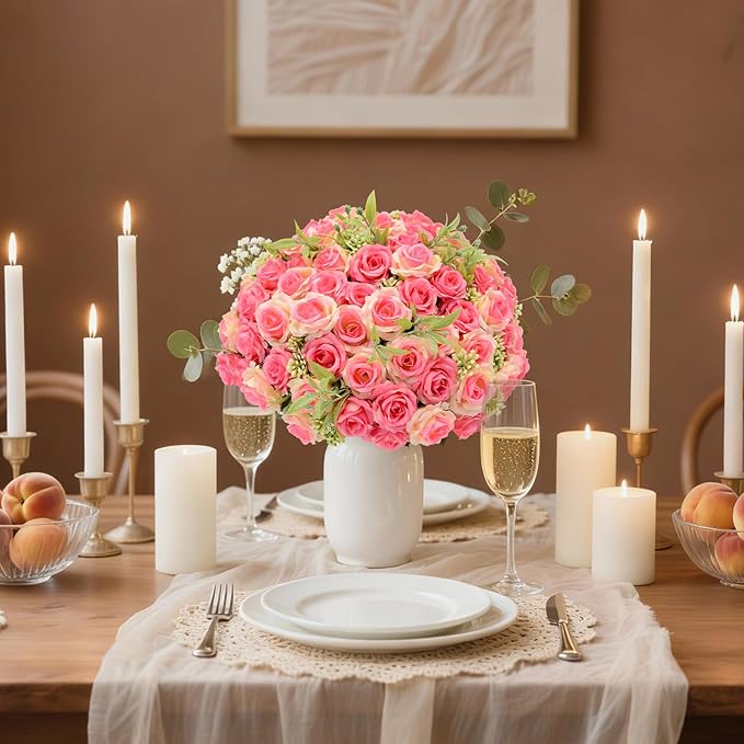 8 Pack Rose Artificial Flowers Bouquet, 10 Small Silk Rose Heads Per Pack, Fake Roses Bunches for Wedding Table Centerpieces Bridal Bouquet Mother's Day Valentine's Day Home Decor, Deep Pink