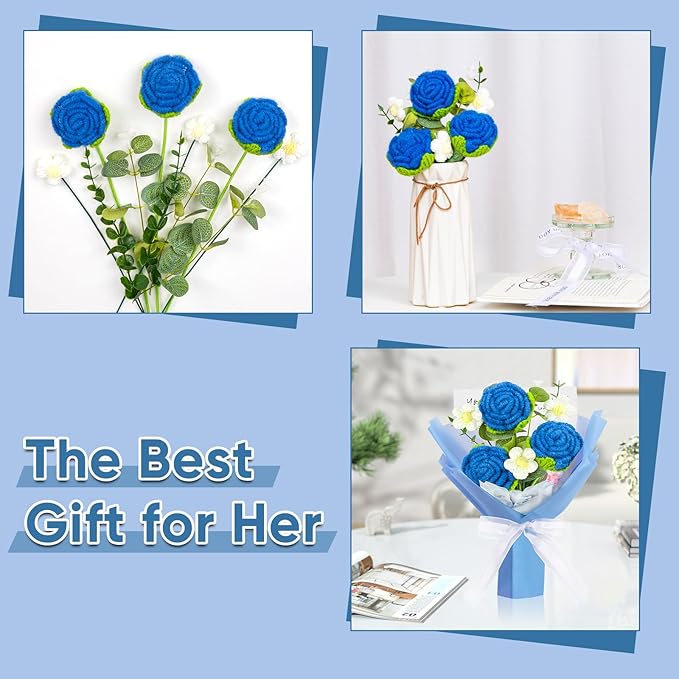 Crochet Rose Bouquet Crochet Flowers Bouquet Handmade Knitted Rose Flowers Present for Valentine's Day Wedding Anniversary Christmas New Year(Medium-Blue Rose)