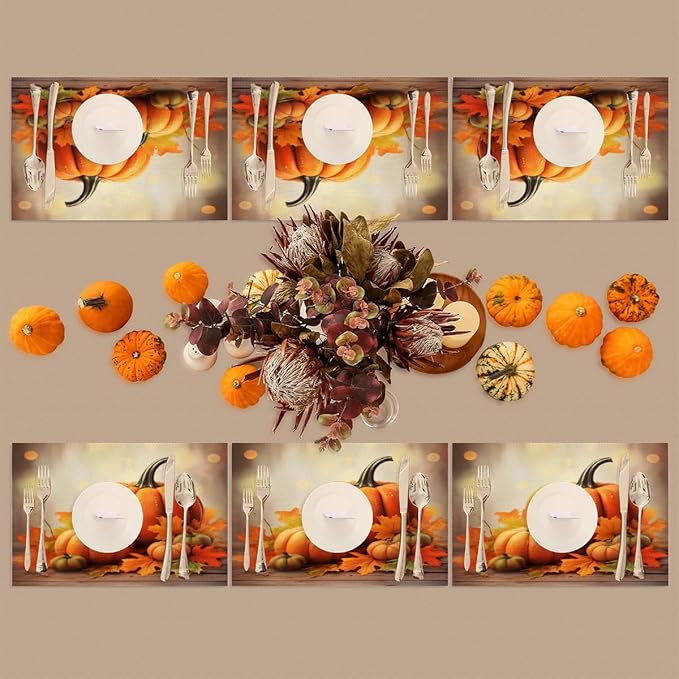 Thanksgiving Fall Pumpkin Placemats Set of 1 PVC Vinyl Non Slip Table Mats Heat Resistant Place Mats Washable Wipeable Dining Table Mat for Kitchen Decor Party Indoor Outdoor Decorative Gift
