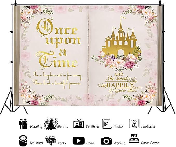 10x6.5ft Once Upon a Time Backdrop Fairy Tale Books Pink Floral Princess Castle Photography Background Romantic Wedding Birthday Party Banner Decorations Cake Table Decor