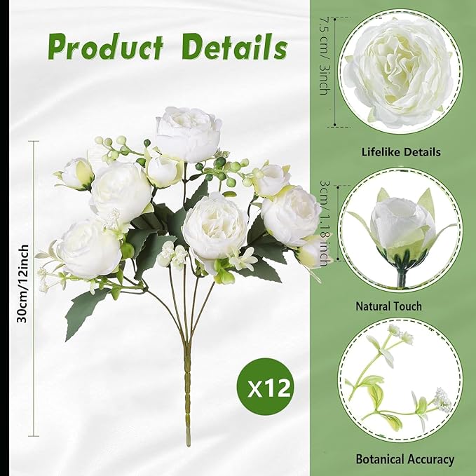 12 Bundles Peonies Artificial White Flowers Bouquet, Lifelike Silk Fake Peonies with Stems for Home Table Centerpieces, Wedding, Party & DIY Bridal Floral Arrangements (White)