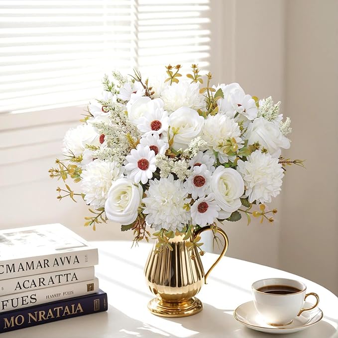 Dremisland Artificial Flowers Like Real Artificial Bouquet 4 Packs Silk Artificial Roses Bouquet with Daisy Chrysanthemum White Flowers for Centerpiece Table Wedding Party Home Decor