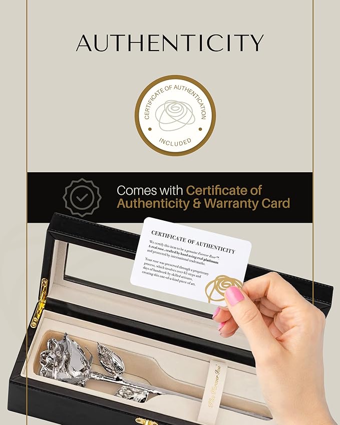 Forever Rose Real Rose Dipped in Platinum, Handcrafted Preserved Rose in Luxury Leather Display Case with LED Light, Romantic Gift for Her, Elegant Keepsake for Anniversary, Birthday, or Any Occasion